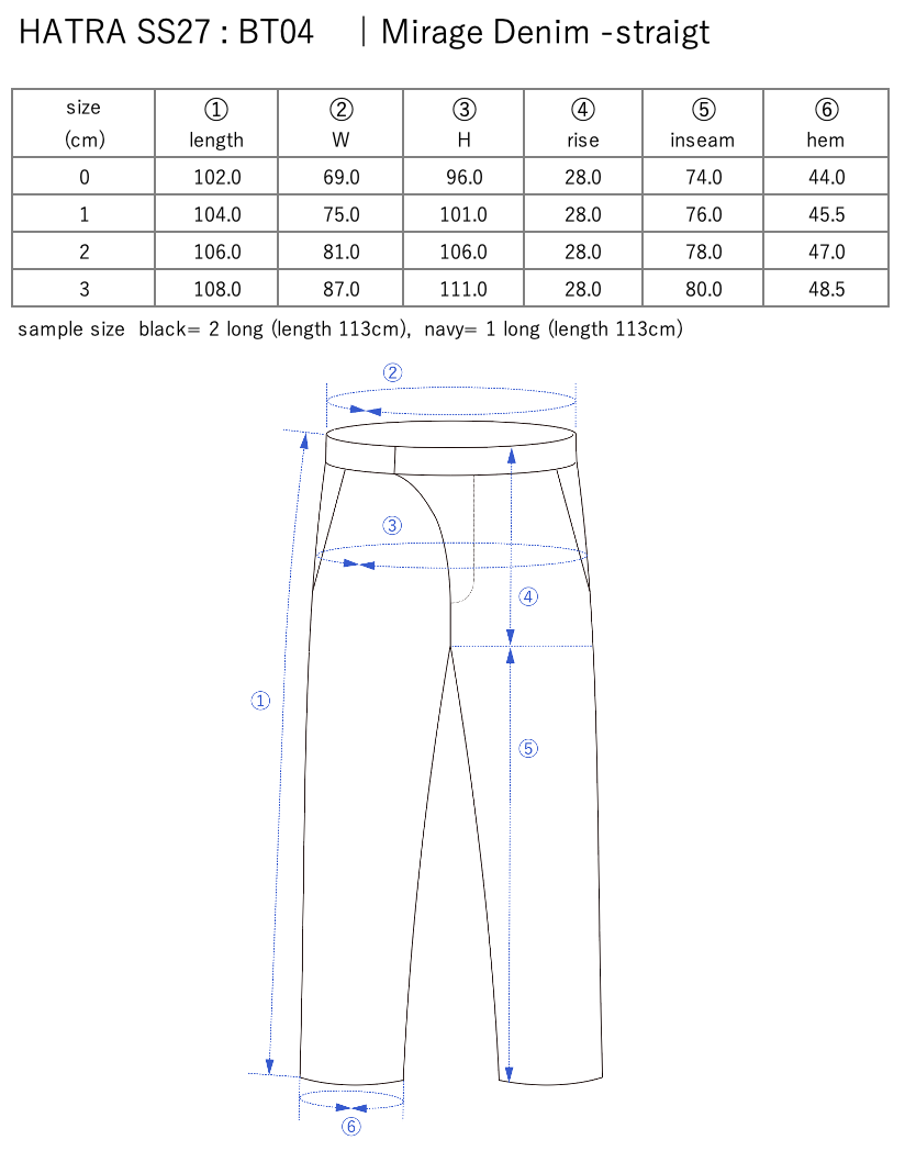Mirage Denim -straight / navy - Size chart