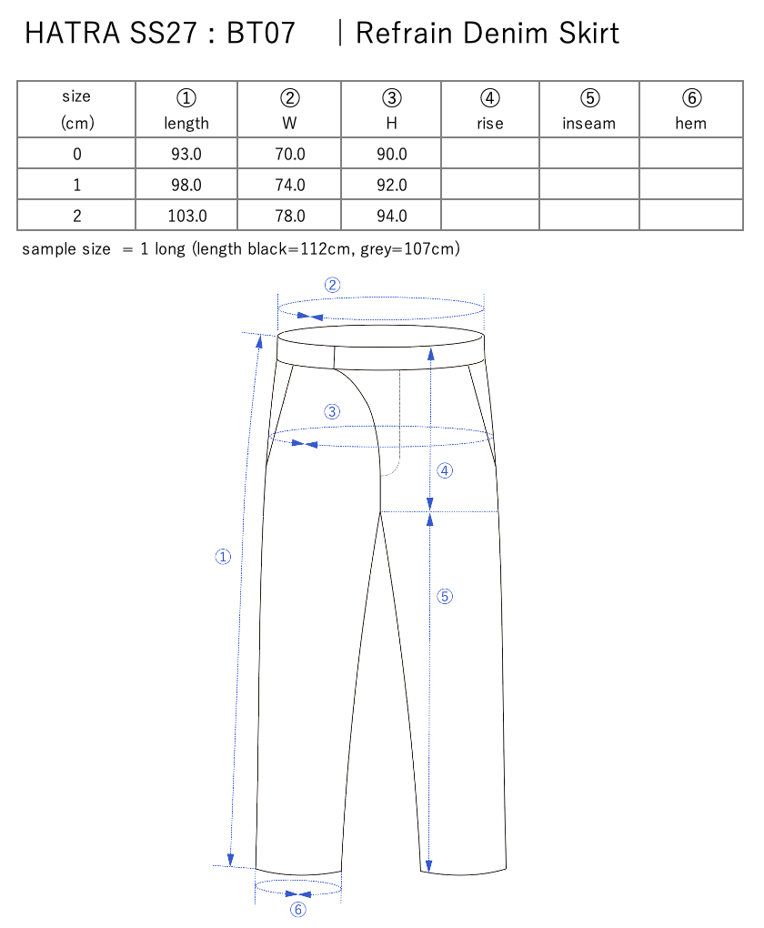 Refrain Denim Skirt / grey - Size chart