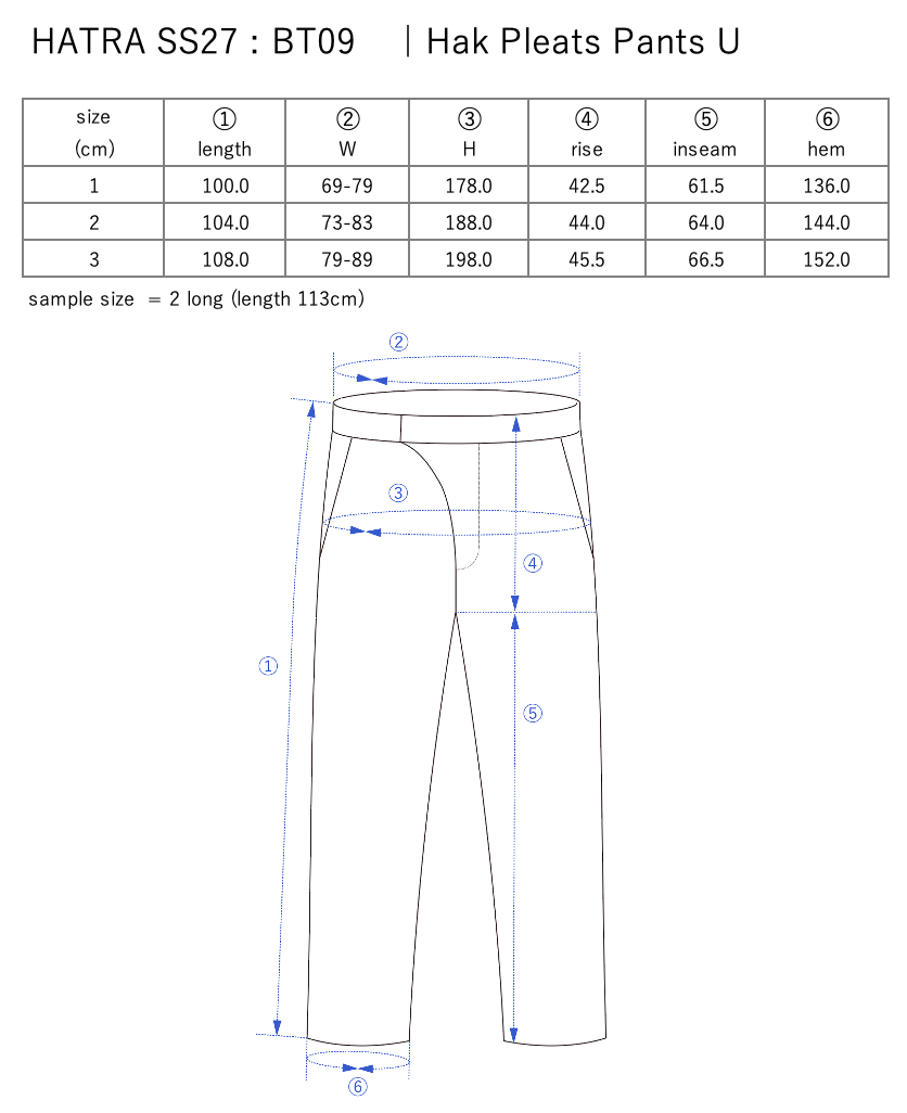 Hak Pleats Pants U / grey - Size chart