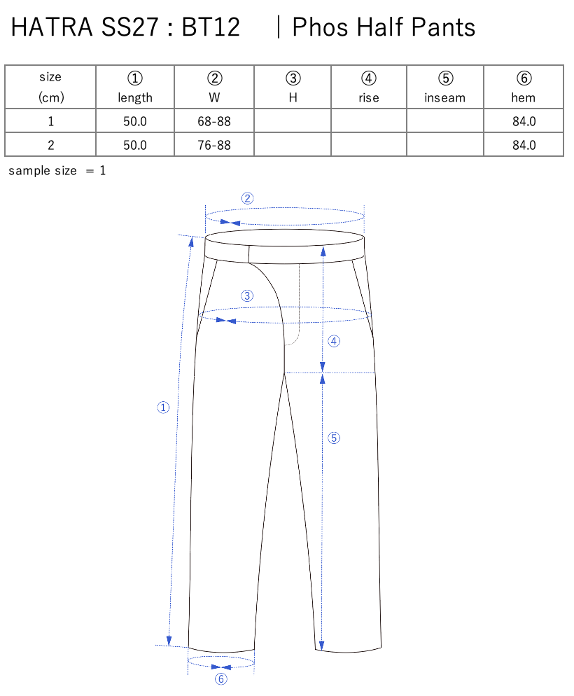 Phos Half Pants / oil - Size chart