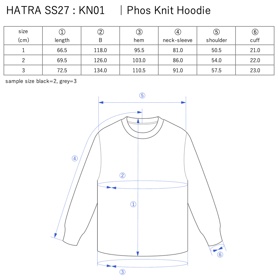 Phos Knit Hoodie / black - Size chart