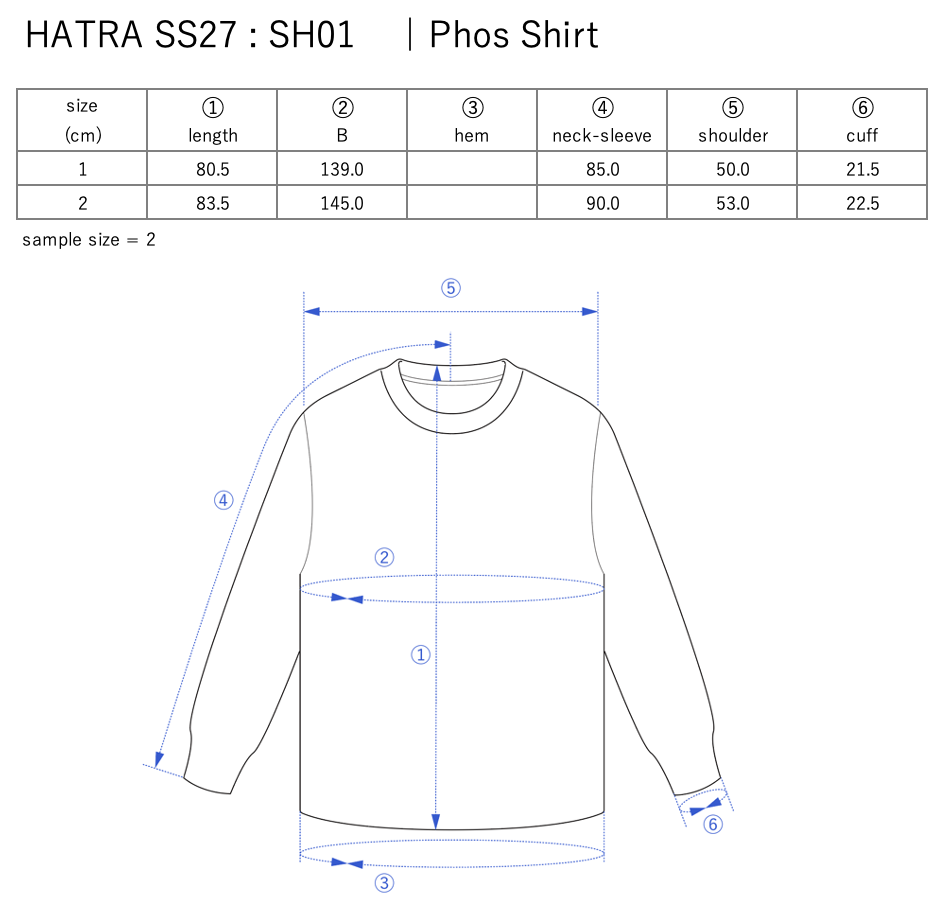 Phos Shirt / clear - Size chart
