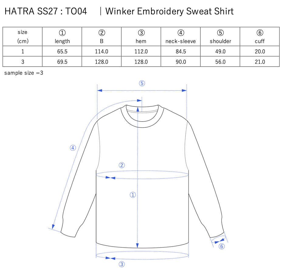 Winker Embroidery Sweat Shirt / white - Size chart